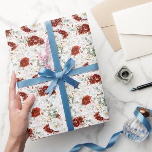 Papel De Regalo Delicado Rojo Borgoña Floral Botánico Hoja de Oro