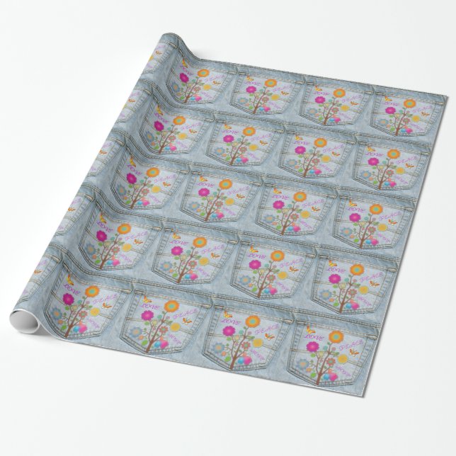 Papel De Regalo Denim Back Pocket Flowers Peace Love Hope (Desenrollado)