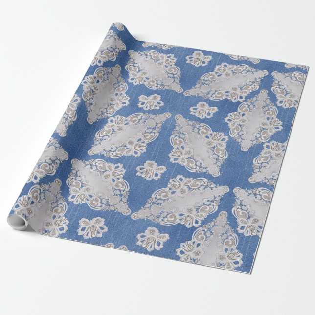 Papel De Regalo Denim textura con patrón de repetición de encaje (Desenrollado)