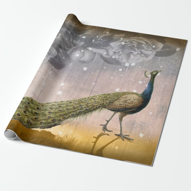 Papel De Regalo Desahucio de pavo real y Rosas (Desenrollado)