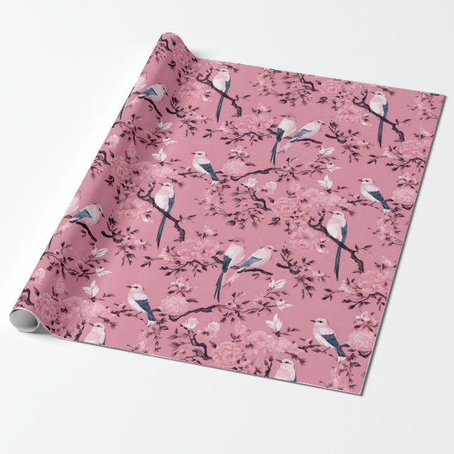 Papel De Regalo Descomposición floral de ave chinoyana rosada (Desenrollado)
