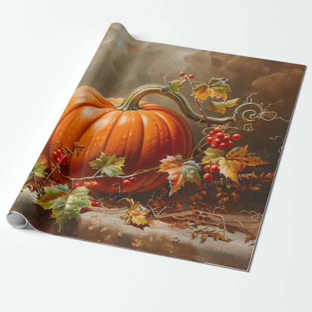 Papel De Regalo Desenlace de pintura de calabaza Naranja de época (Desenrollado)
