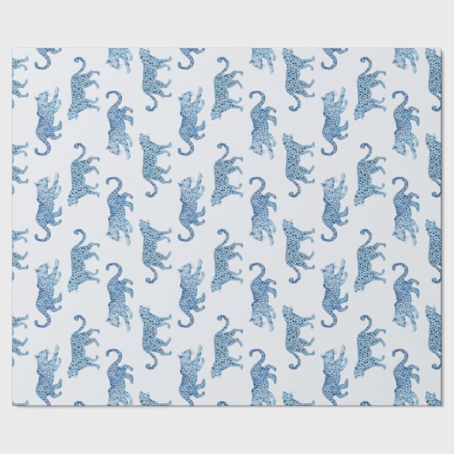 Papel De Regalo Desfile de leopardos en azul y blanco (Costura)