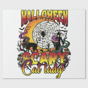 Papel De Regalo Día de Brujas Gato Asustadizo Señora Segadora Luna