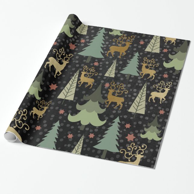 Papel De Regalo Día de fiesta del navidad - árboles y ciervos en (Desenrollado)