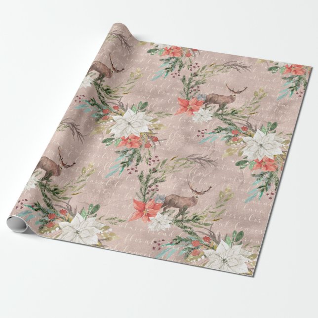 Papel De Regalo Día de fiesta del navidad - ciervos y Pointsettia (Desenrollado)