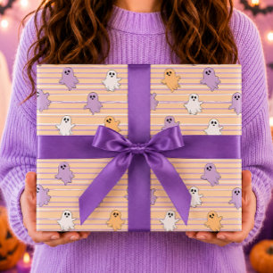 Papel De Regalo Día de las Brujas Fantasmas Naranja Purpura Raya