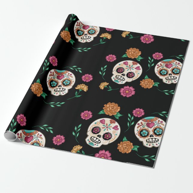 Papel De Regalo Día de Muertos Calaveras de Azúcar y Flores Negro (Desenrollado)