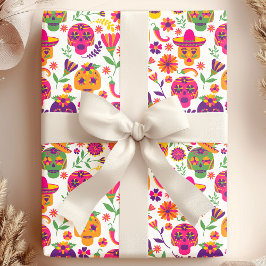 Papel De Regalo Día de Muertos Patrón de Calavera de Azúcar Blanca