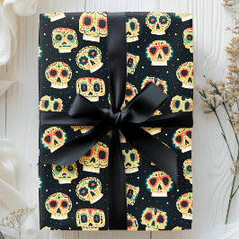 Papel De Regalo Día de Muertos Patrón de Calavera de Azúcar Oscuro