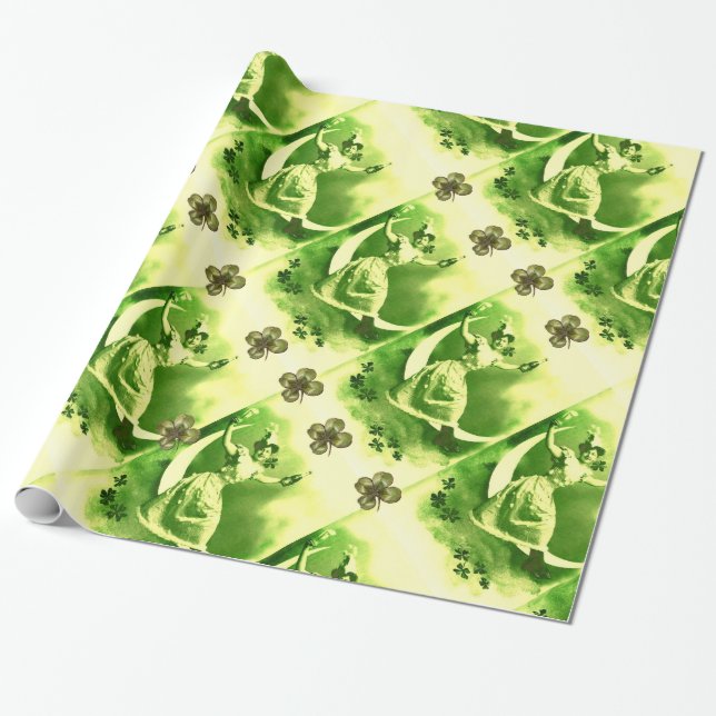 PAPEL DE REGALO DÍA DE SAN PATRICIO DAMA DE LA LUNA CON TRÉBOLES (Desenrollado)