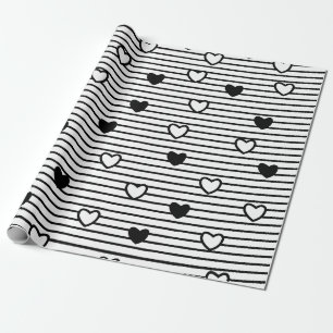 Papel De Regalo Día de San Valentín Corazones Black White Stripes 