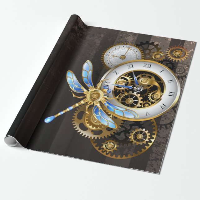 Papel De Regalo Diales de Steampunk con libélula (Desenrollado)