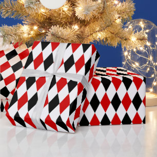 Papel De Regalo Diamante de Arlequín Rojo Blanco y Negro