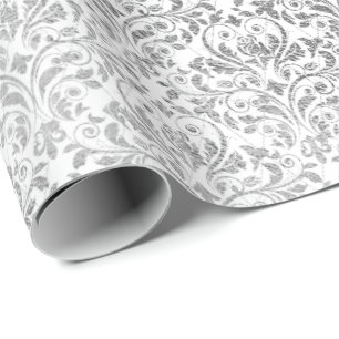 Papel De Regalo Diamante delicado neto gris del damasco blanco de