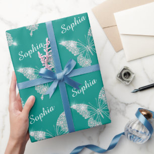 Papel De Regalo Diamantes Blancos Mariposa Brillo Nombre en Escrit