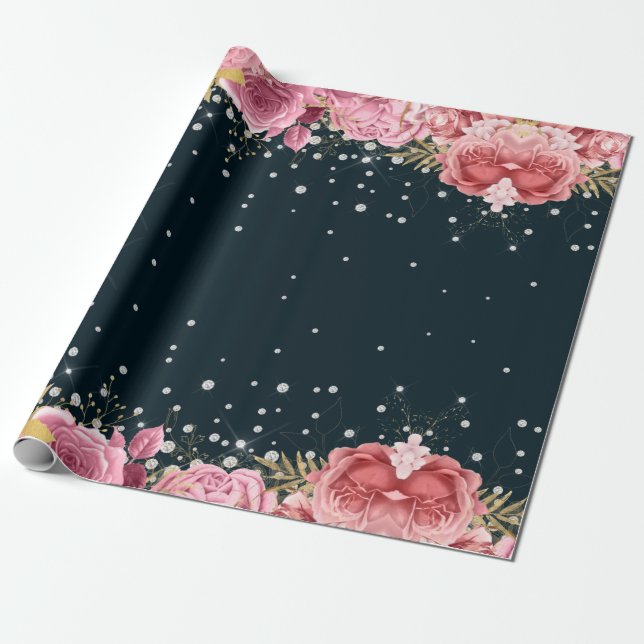 Papel De Regalo diamantes de rosas rosas rosas azul marino elegant (Desenrollado)