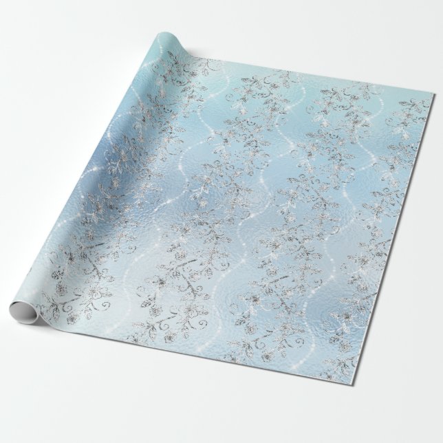 Papel De Regalo Diamantes espumosos Plata Gris Azul Glaso Blanco (Desenrollado)