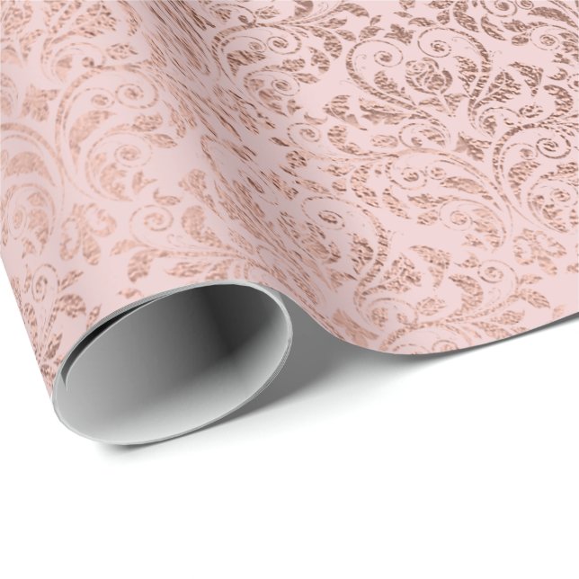 Papel De Regalo Diamantes espumosos Rubor Damask Rosa Gold (Esquina del rollo)