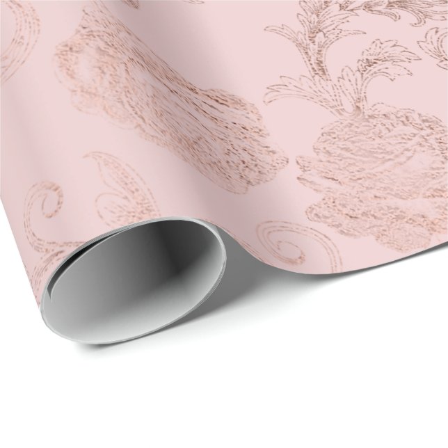 Papel De Regalo Diamantes espumosos Rubor Damask Rosa Gold (Esquina del rollo)