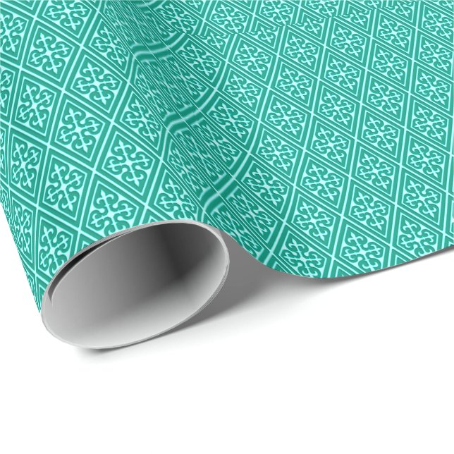 Papel De Regalo Diamantes medievales de Damasco, turquesa y aqua (Esquina del rollo)
