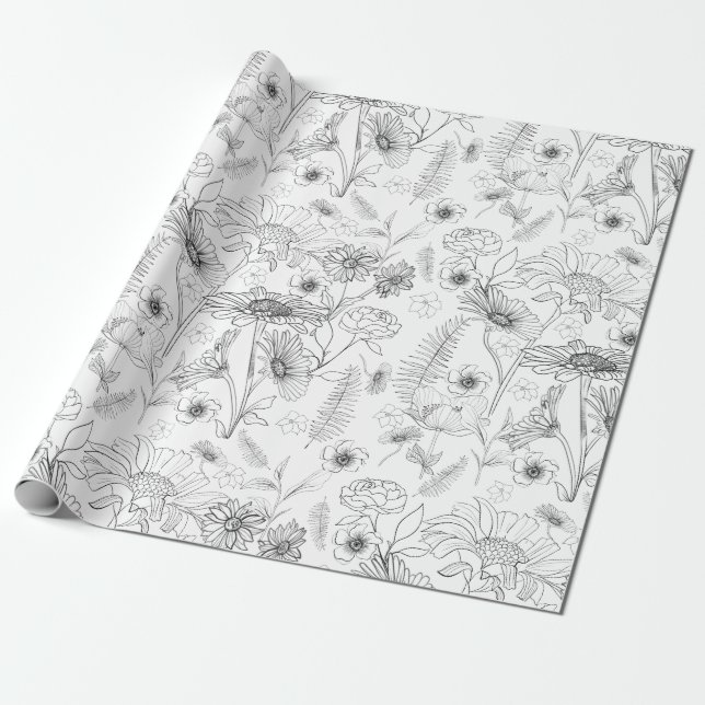 Papel De Regalo Días en blanco y negro con motivos de jardín flora (Desenrollado)