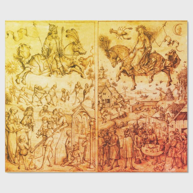 Papel De Regalo Dibujo de Astrología Marrón Antiguo SUN Y MOON (Superficie plana)