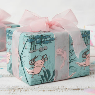 Papel De Regalo Dibujo de Axolot submarino verde y rosa para niños