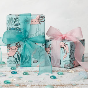 Papel De Regalo Dibujo de Axolot submarino verde y rosa para niños