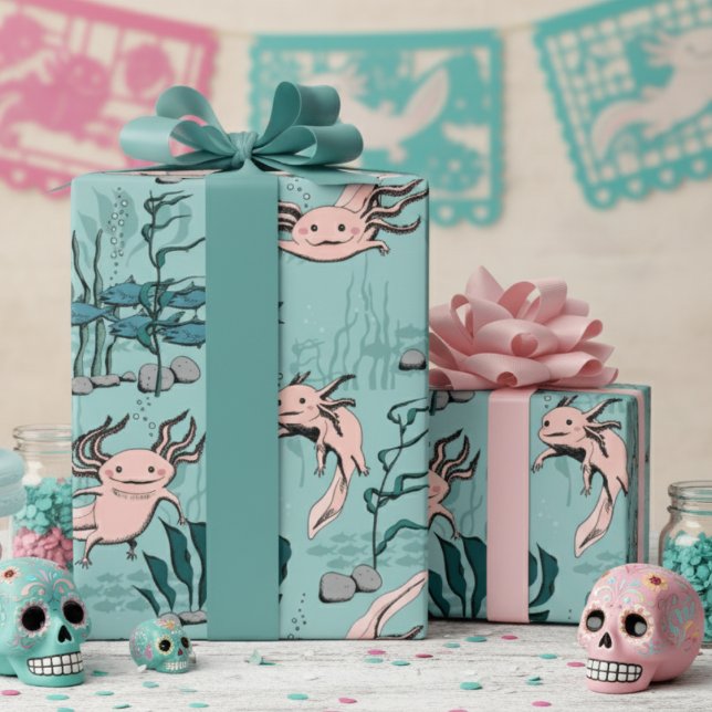 Papel De Regalo Dibujo de Axolot submarino verde y rosa para niños (Mexican Walking Fish Pink Axolotl Salamander Wrapping Paper in Turquoise Blue for Kids Birthday)