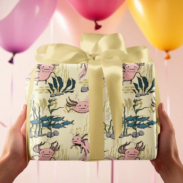 Papel De Regalo Dibujo de Axolotto submarino amarillo y rosa para  (Cute Axolotl Underwater Pattern with Hand Drawn Adorable Pink Axolotl and Fish on Yellow Background.)