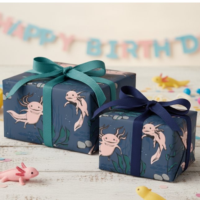Papel De Regalo Dibujo de Axolotto submarino verde de la Marina de (Cute Axolotl Animal Navy Blue Wrapping Paper for Kids Birthday. Fun Pet Salamander Unique Gift Wrap)