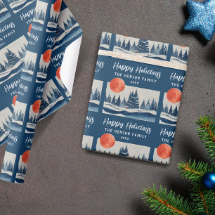 Papel De Regalo Dibujo de luna de bosque paisaje de invierno azul 