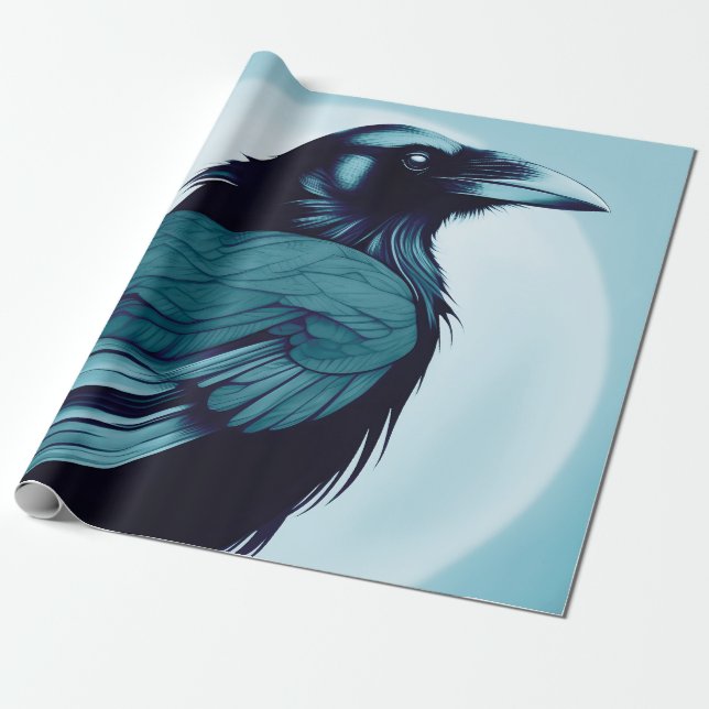 Papel De Regalo Dibujo de un cuervo negro sobre azul claro (Desenrollado)