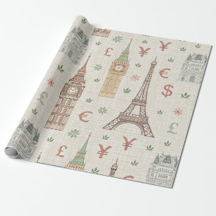 Papel De Regalo Dibujo de viaje de monumentos del mundo vintage