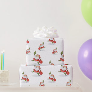 Papel De Regalo Dibujo en acuarela de Papá Noel patinando, adorabl