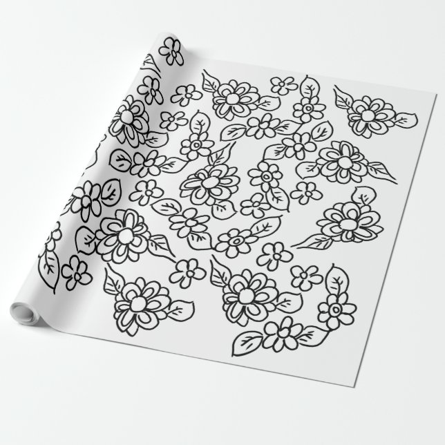 Papel De Regalo Dibujo floral simple en blanco y negro (Desenrollado)