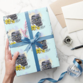 Papel De Regalo Dibujo manual gracioso gato negro británico con fl