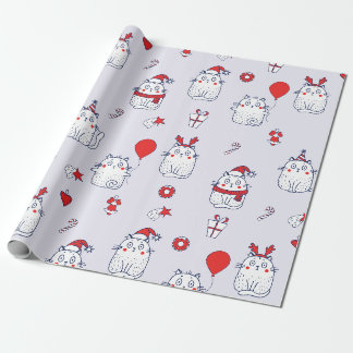 Papel De Regalo Dibujo Patrón Navideño de Gato Kawaii Adorable