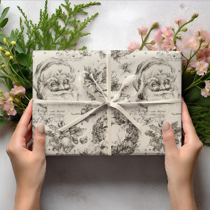 Papel De Regalo Dibujo Vintage Retro de Santa en Blanco y Negro de
