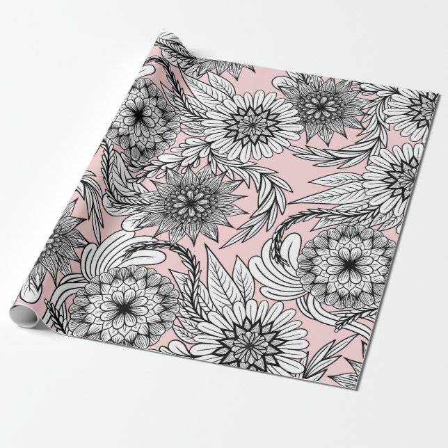 Papel De Regalo Dibujos modernos de flores blancas rosadas rosadas (Desenrollado)