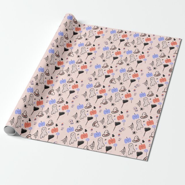 Papel De Regalo Dibujos Temáticos Retro Vintage de Halloween (Desenrollado)