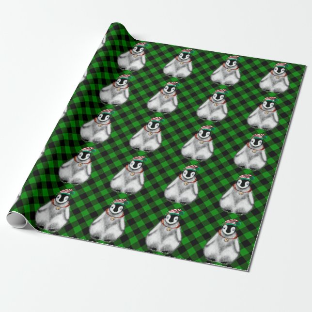 Papel De Regalo Diferencial festivo lindo Pingüino verde yeso negr (Desenrollado)