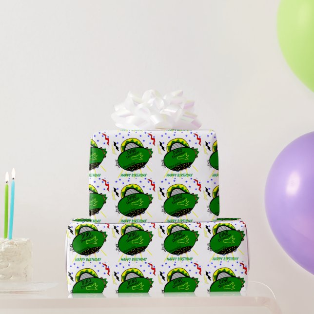 Papel De Regalo Dino Dinosaur Green Spaceship Stars Birday (Regalos de fiesta)