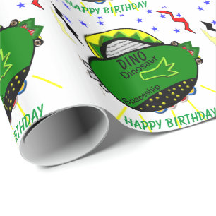 Papel De Regalo Dino Dinosaur Green Spaceship Stars Birday