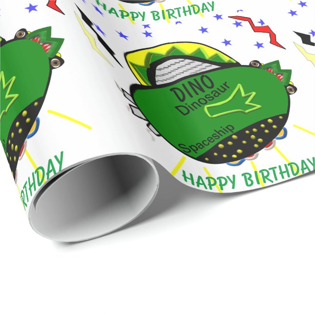 Papel De Regalo Dino Dinosaur Green Spaceship Stars Birday (Esquina del rollo)
