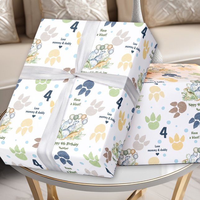 Papel De Regalo Dinosaur Blue Green Boy Nombre de cumpleaños (Dinosaur Blue Green Boy Birthday Name Text Wrapping Paper)