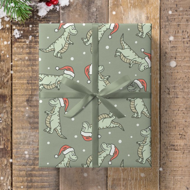 Papel De Regalo Dinosaur Christmas Boy Santa Claus Dino T-Rex Sage (Subido por el creador)