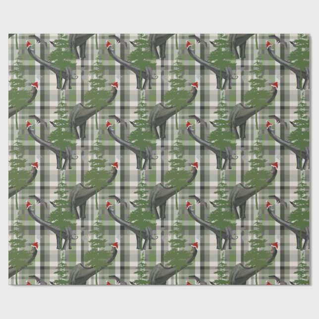 Papel De Regalo Dinosaur Christmas Plaid (Superficie plana)