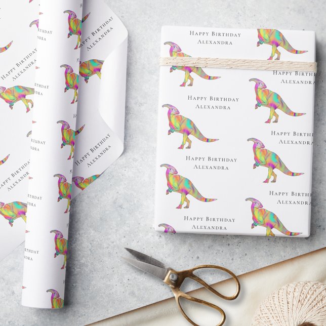 Papel De Regalo Dinosaur Colorido Cumpleaños Personalizado (Cute dinosaur happy birthday personalized girl name wrapping paper Parasaurolophus Jurassic dino)